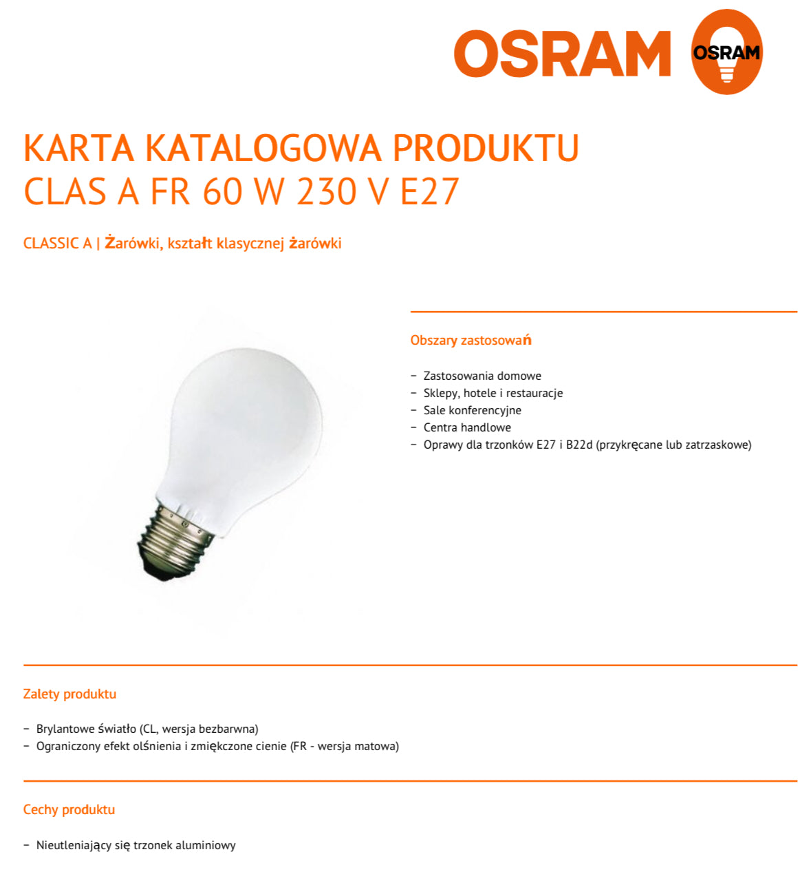 Żarówka wolframowa matowa OSRAM 60W E27