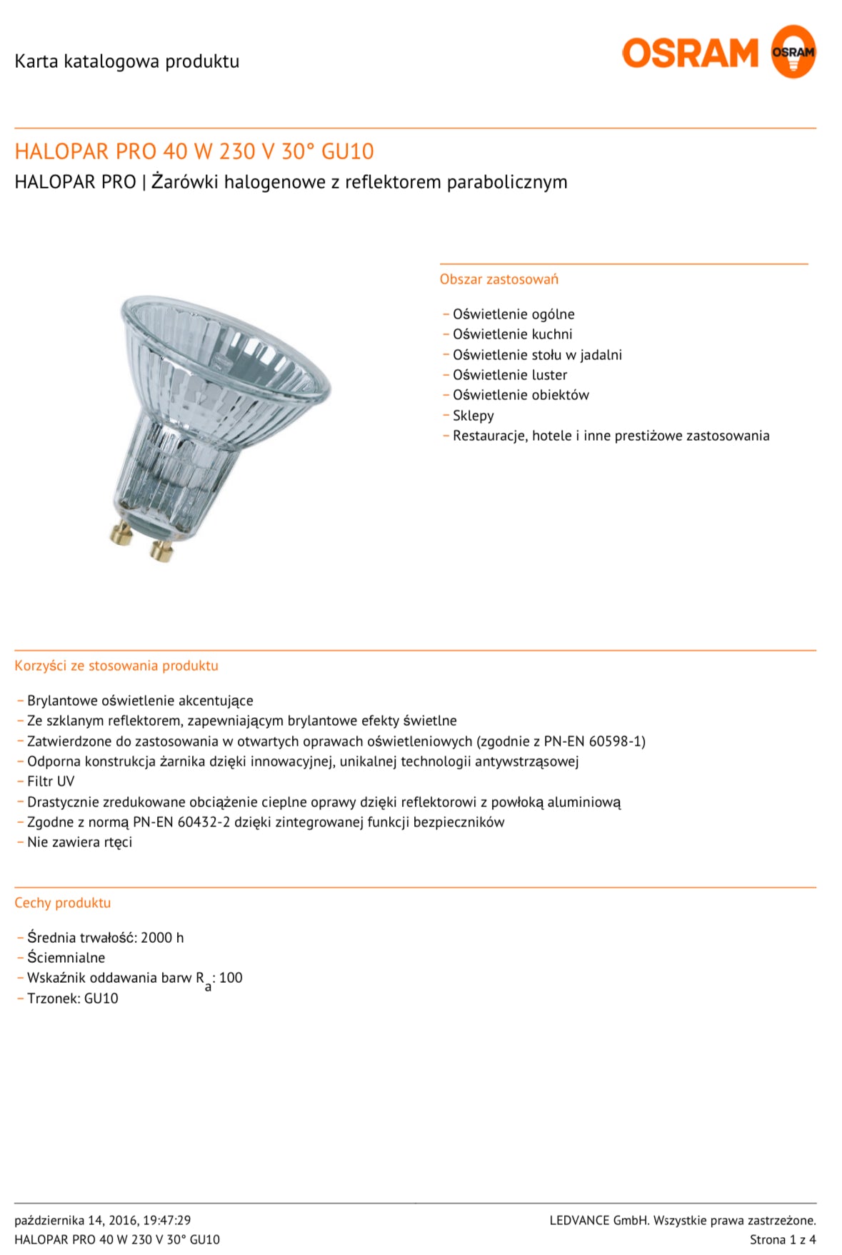 Żarówka halogenowa OSRAM HALOPAR 16 ALU ES 64823 40W 230V 30° GU10