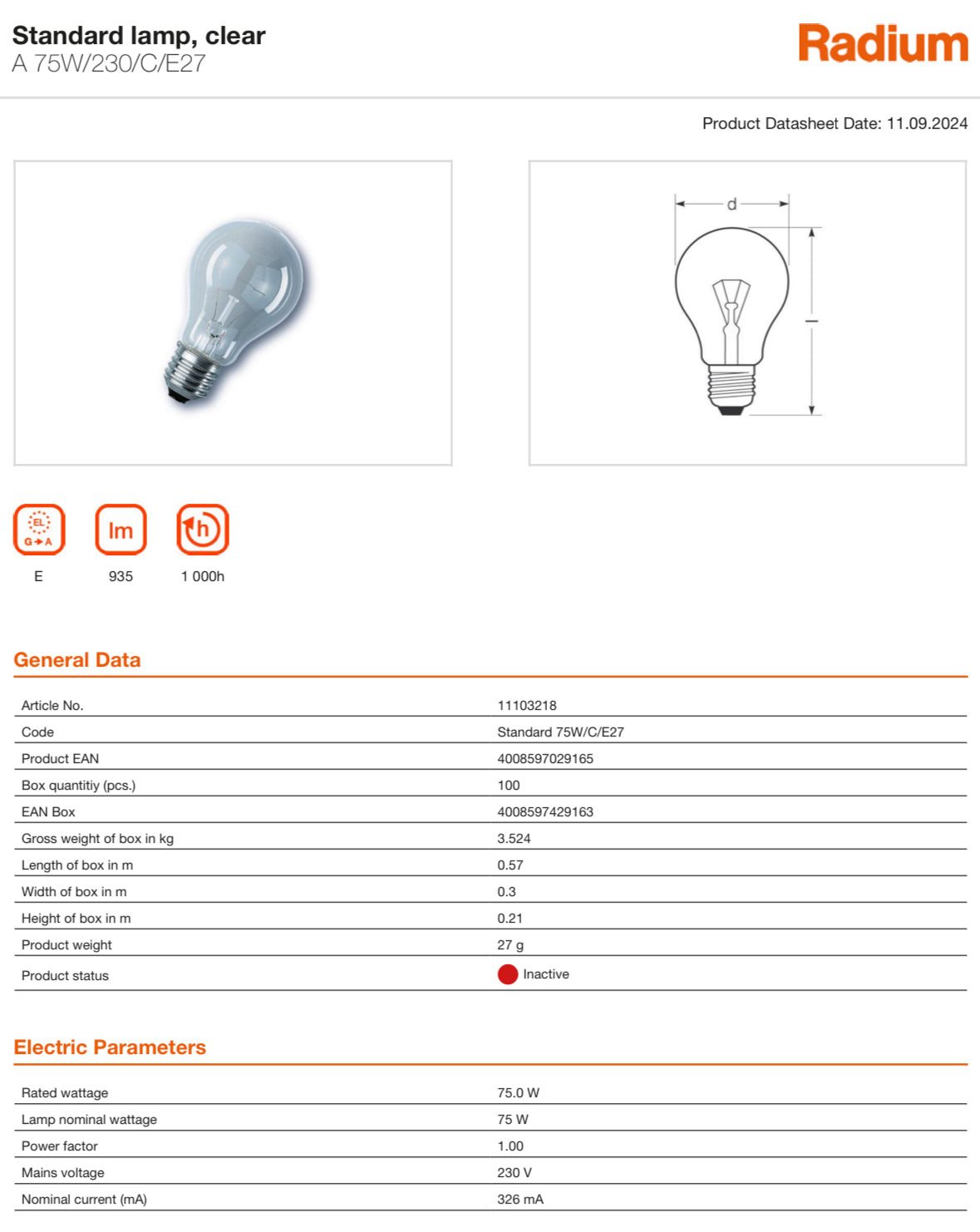 Żarówka wolframowa tradycyjna RADIUM 75W E27