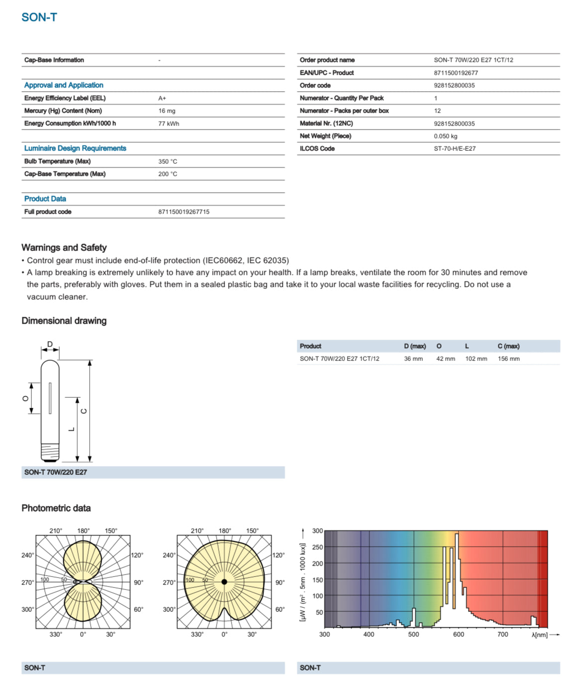 PHILIPS SON-T 70W E27 2700K