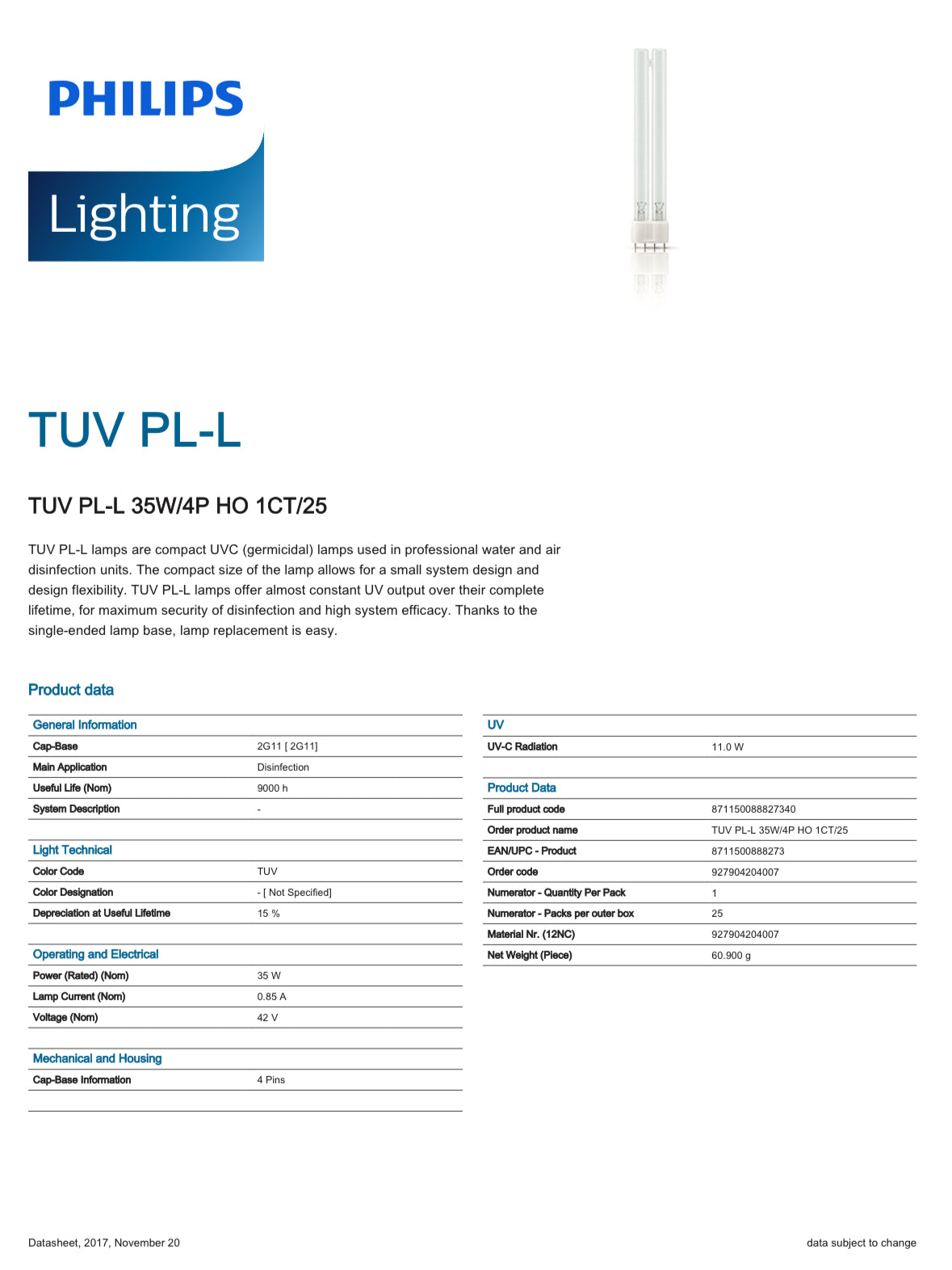 Świetlówka UVC bakteriobójcza PHILIPS TUV PL-L 35W 2G11 4-piny