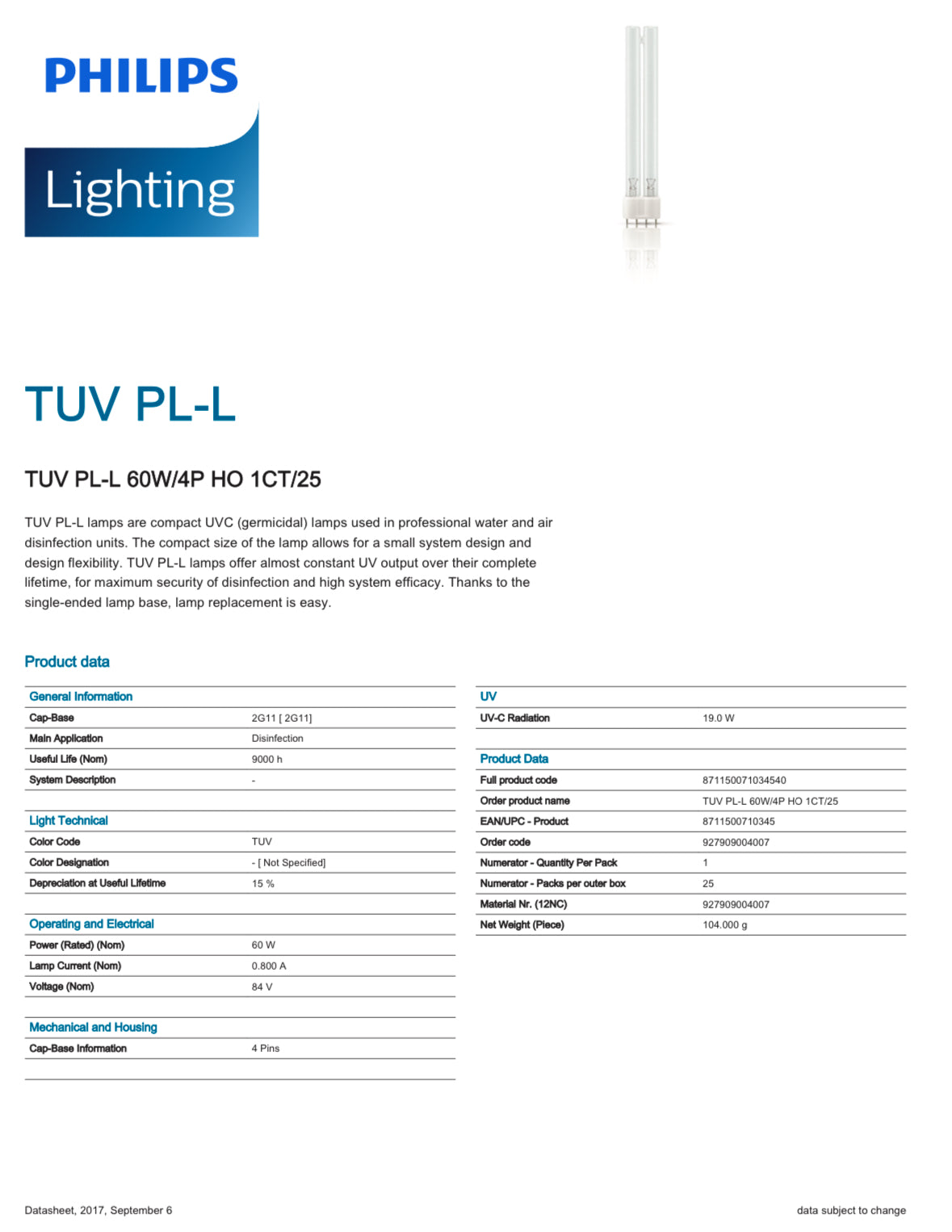 Świetlówka UVC bakteriobójcza TUV PL-L 60W 2G11 4-piny