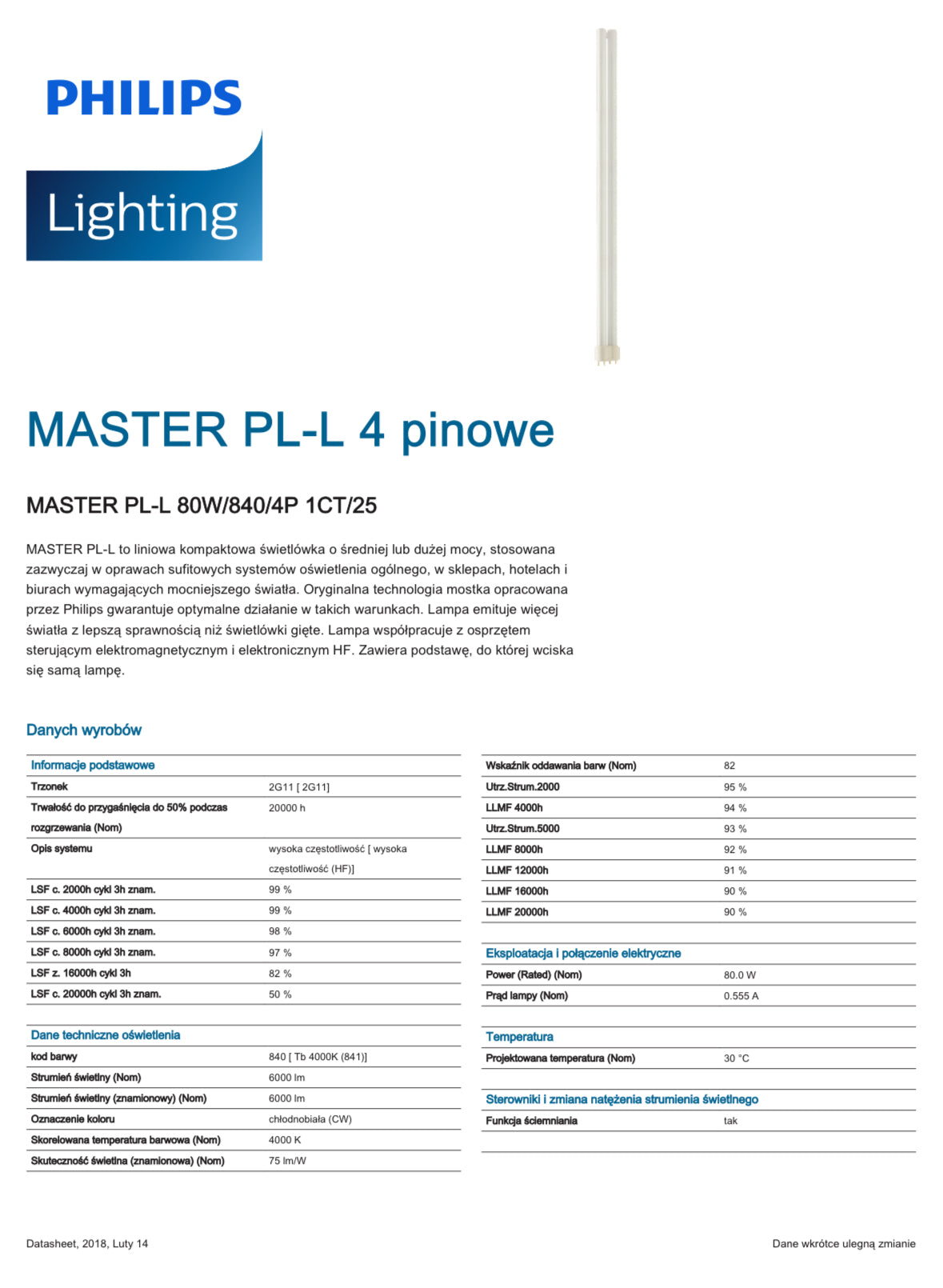 Świetlówka kompaktowa Philips MASTER PL-L 80W 840 2G11 4-pin 4000K