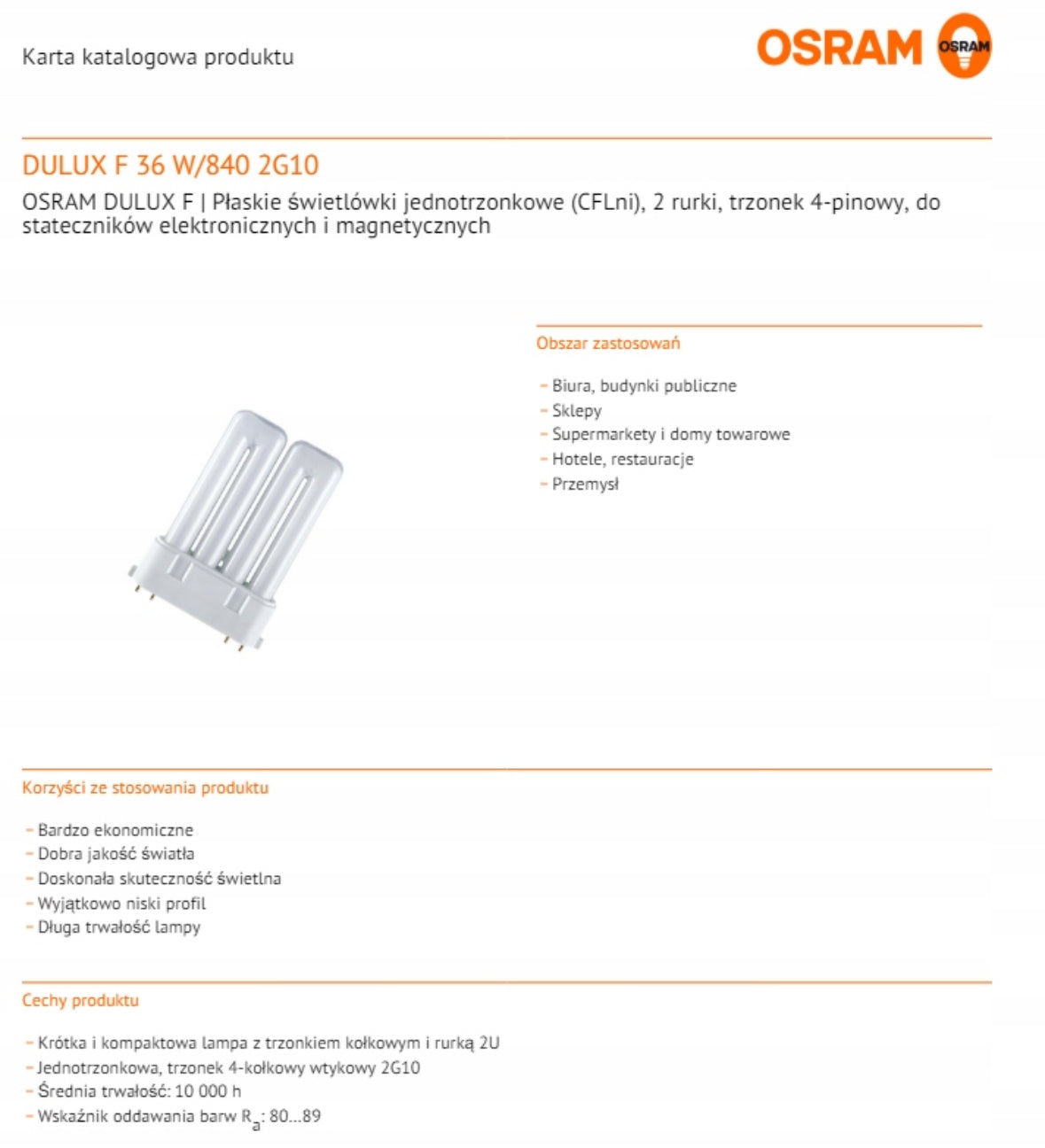 Świetlówka kompaktowa OSRAM DULUX F 36W/840 2G10 2800lm