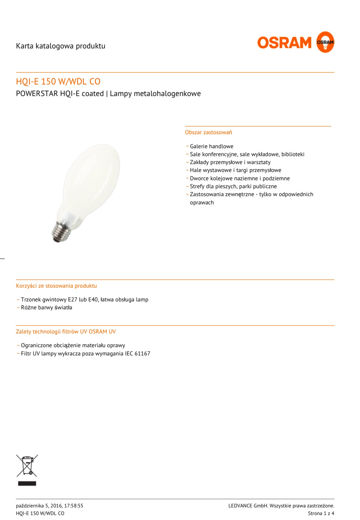 OSRAM HQI-E 150W WDL E27