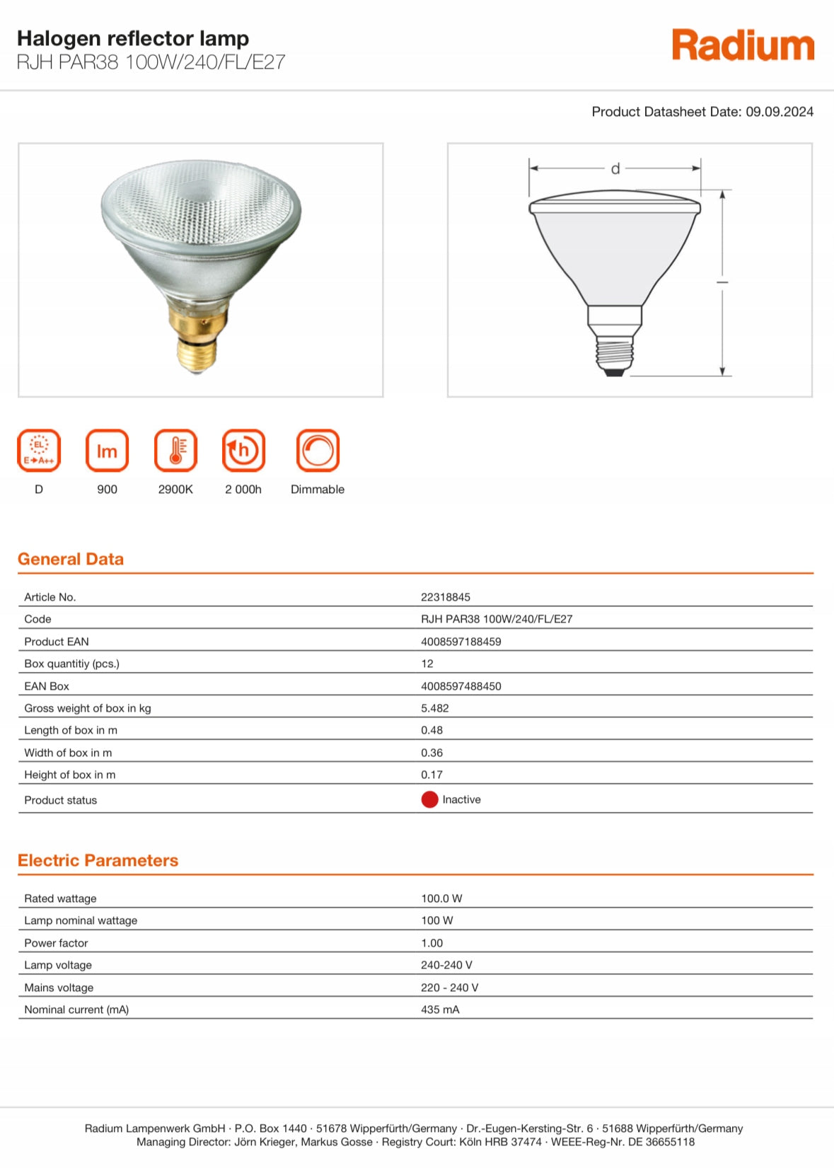 RADIUM RALOGEN PAR38 100W E27