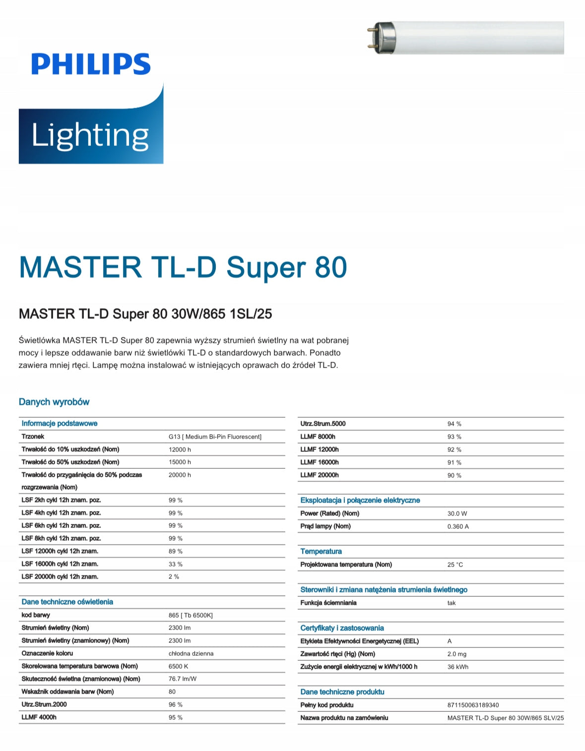 PHILIPS MASTER TL-D Super80 30W/865 T8 G13