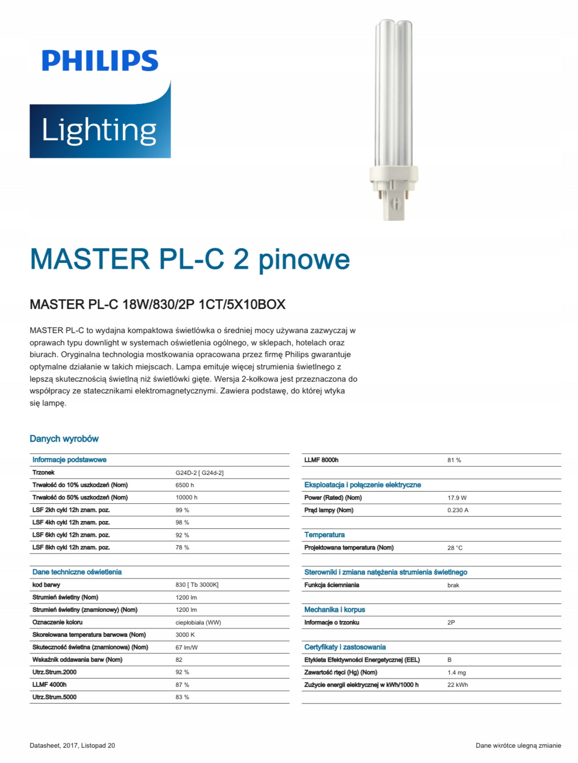 PHILIPS MASTER PL-C 18W/830 G24d-2