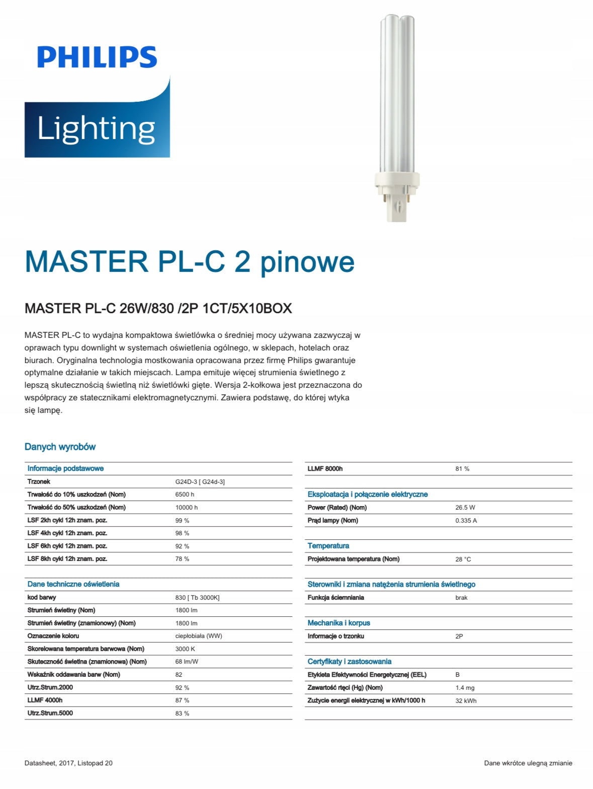 PHILIPS MASTER PL-C 26W/830 G24d-3