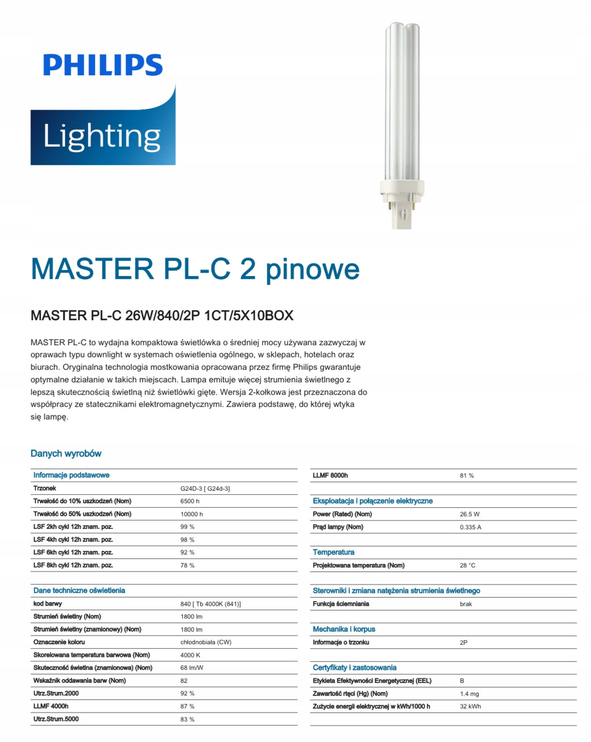 PHILIPS MASTER PL-C 26W/840 G24d-3