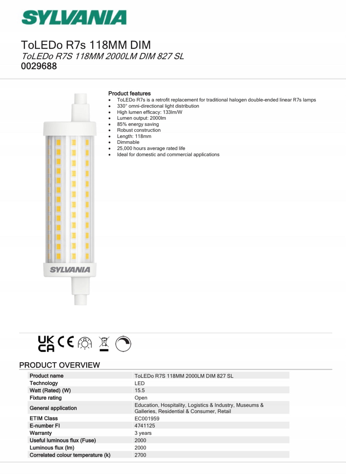 SYLVANIA ToLEDo 15,5W/827 DIMMABLE R7s