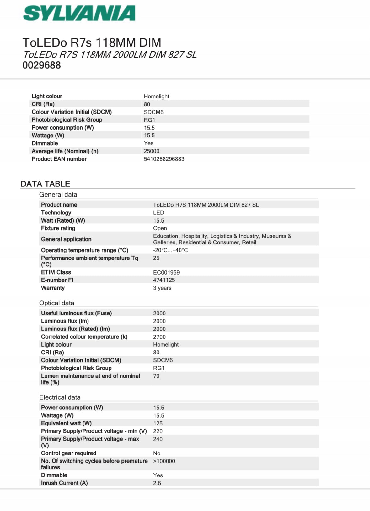 SYLVANIA ToLEDo 15,5W/827 DIMMABLE R7s